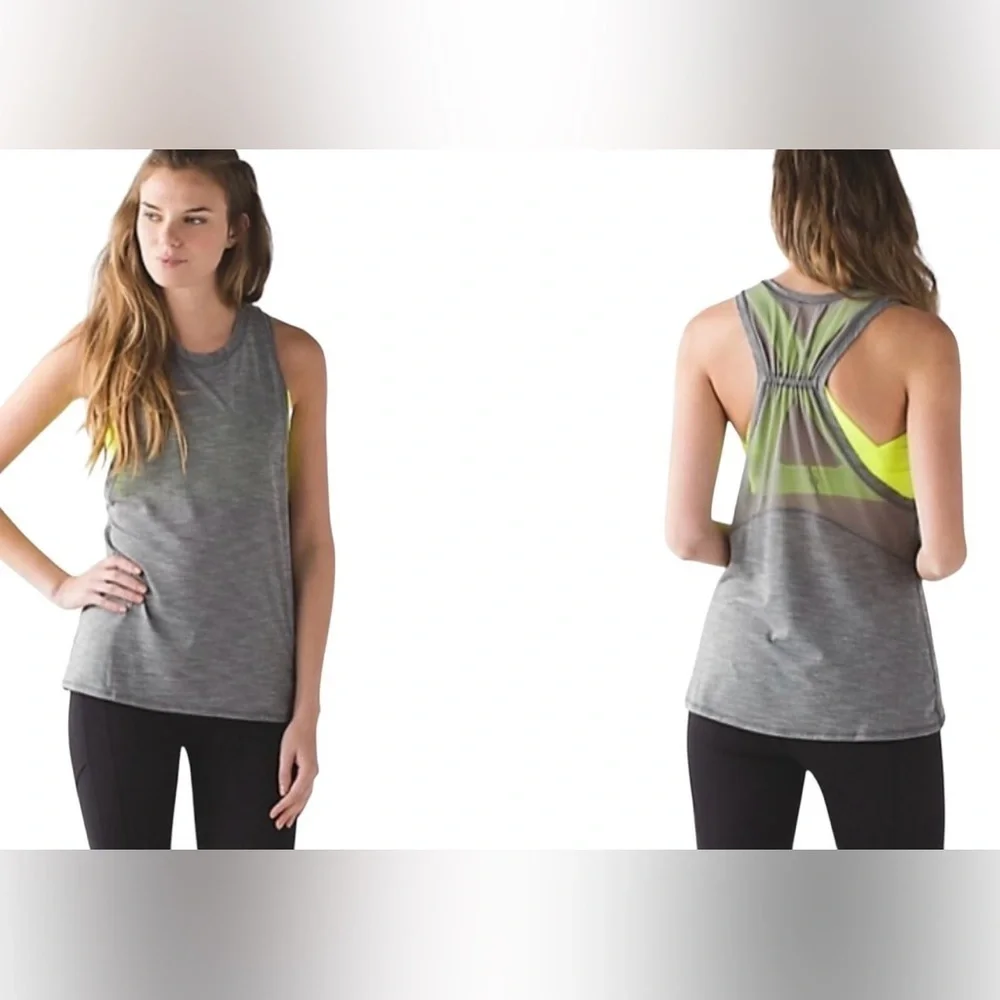 Lululemon in a cinch gray tank top with neon sports bra attached woman's Sz/8